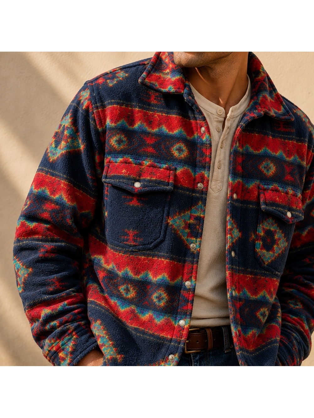 Men’s Aztec Fleece Pearl Snap Shirt Western Southwestern Jacket Ilio